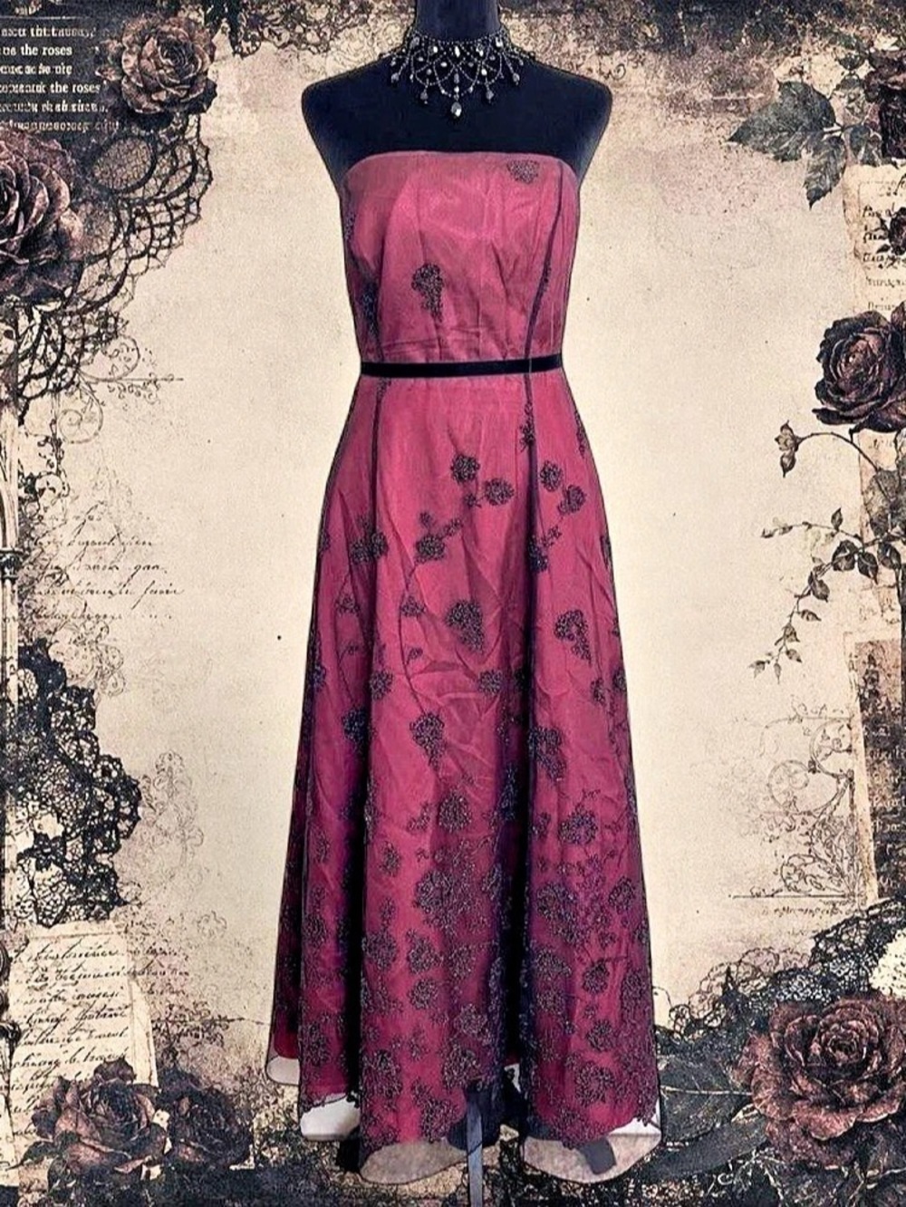 Vintage Papell Boutique Strapless Red and Black Mesh Overlay Formal Prom Dress
